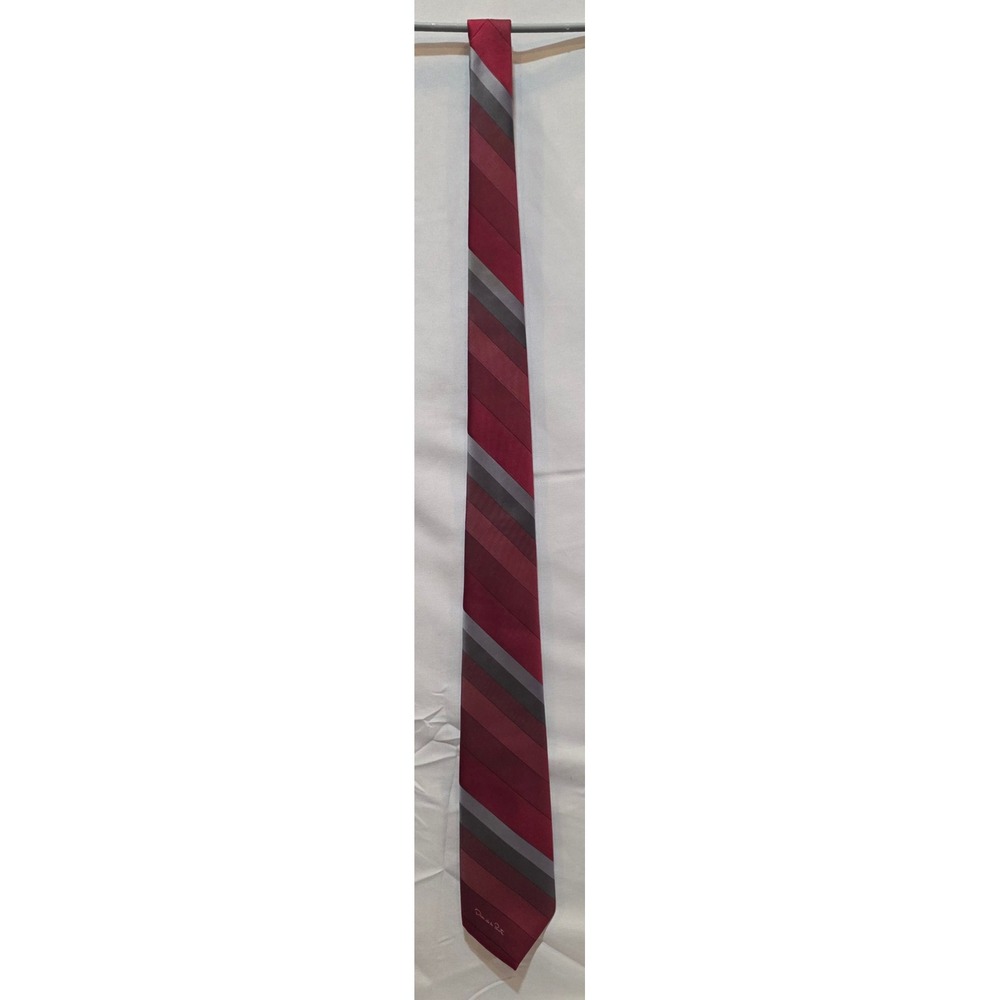 Oscar de la Renta Mens Silk Blend Tie Burgundy Red Grey Striped Designer Necktie
